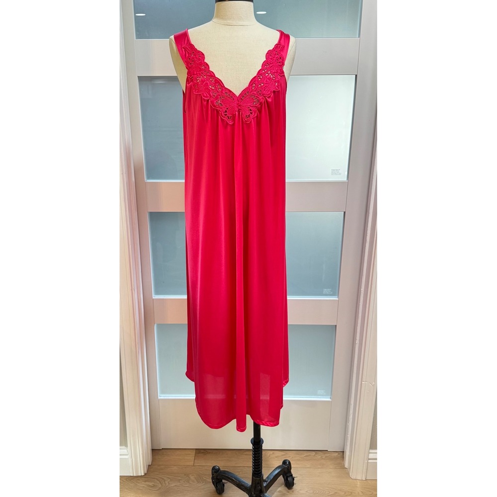 Vanity Fair Vintage Hot Pink Lace Butterfly Embroidered Nightgown Midi Medium